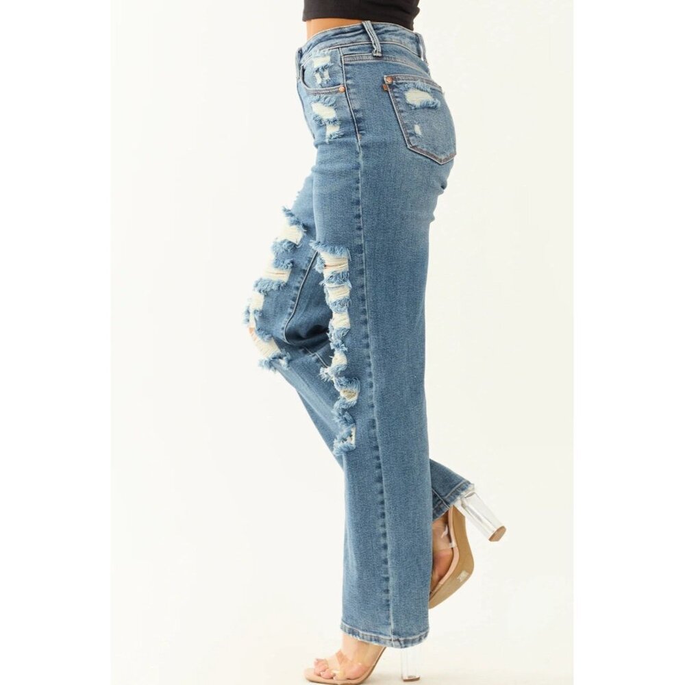 Judy Blue Jeans Women’s 7/28 Straight Fit Mid Rise Distressed Stretch Denim - Picture 3 of 15